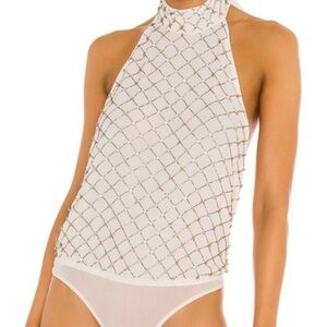 White and Gold Patterned Bodysuit Crystal